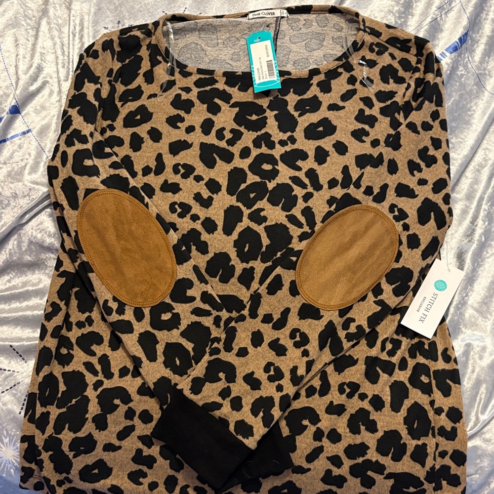 Pink Clover Leopard Print Sweatshirt with Tan Elbow Patches